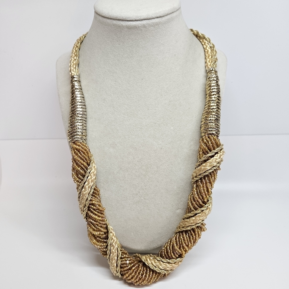 VINTAGE Twisted Gold Glass Seed Bead Long 46" Braided Necklace or Belt